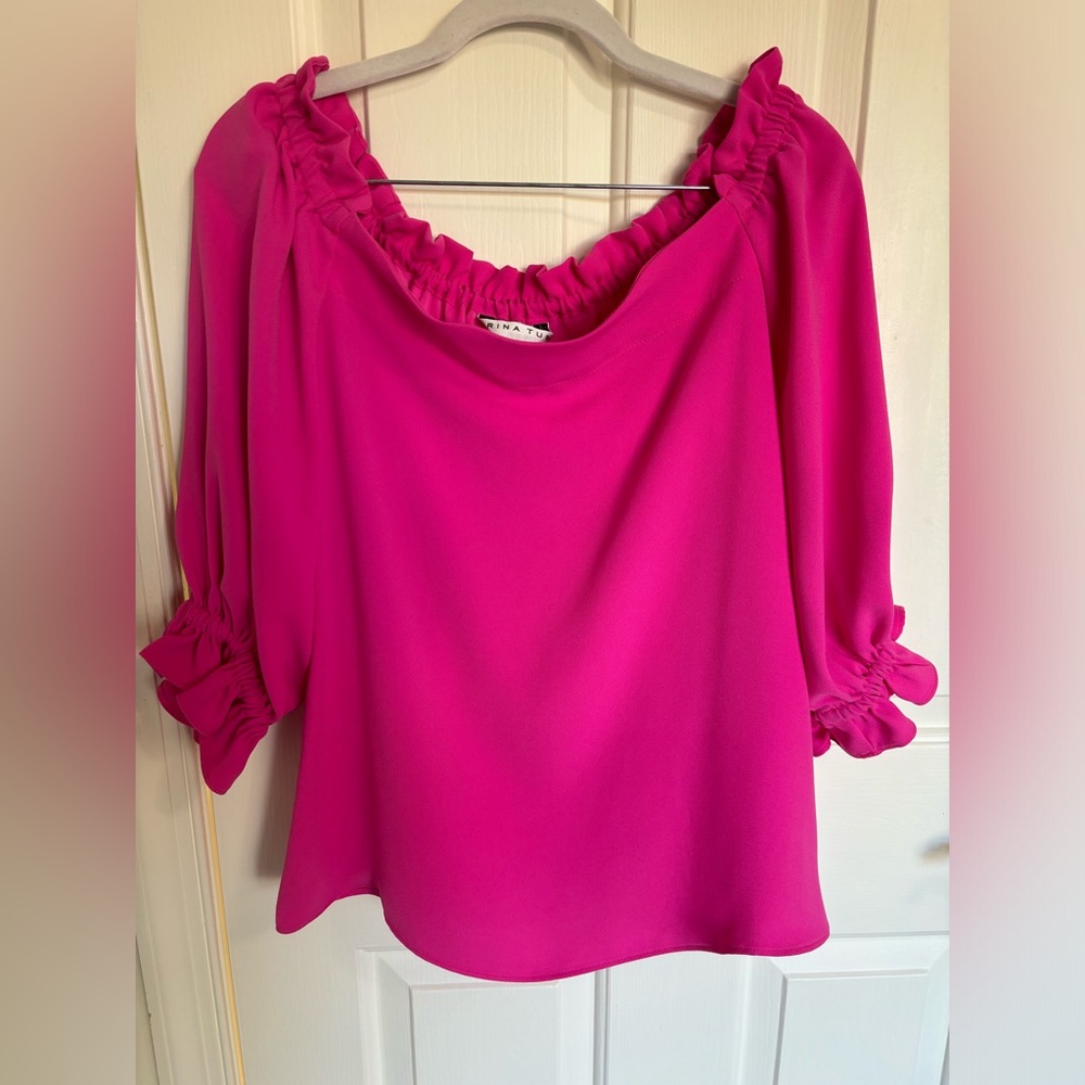Trina Turk Equinox hot pink off the shoulder top satin crepe, 3/4 sleeves Size S